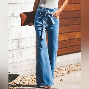 🩵 Hello Gorgeous! High-Waisted Tie-Front Flare Jeans - Sky Blue